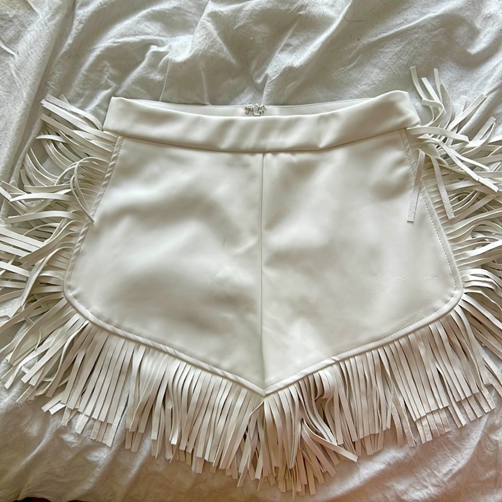 White fringe leather shorts